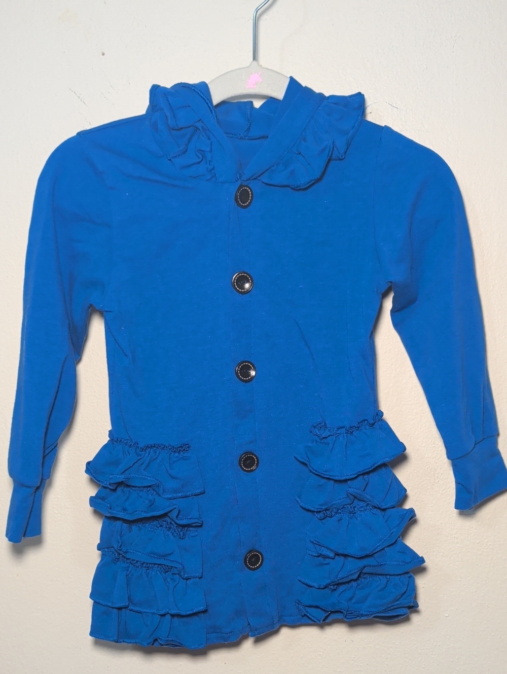 Royal Blue Hooded Cardigan with Ruffle Hem Wooden Buttons Girls Size 1-2T
